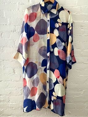 Radzoli Colorful Printed Shirt Dress Semi-Sheer Coverup Button Up Resort Beachy